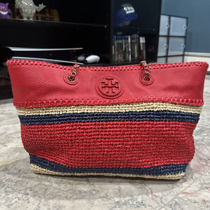 Tory Burch Handbag Tote Red Blue Leather And Straw Bag W Gold Braided Handle
